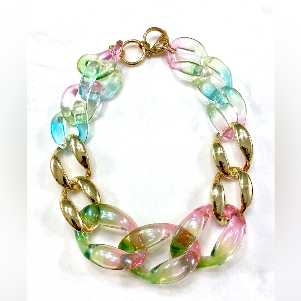 Multicolor Pastel Resin & Gold Chain Necklace